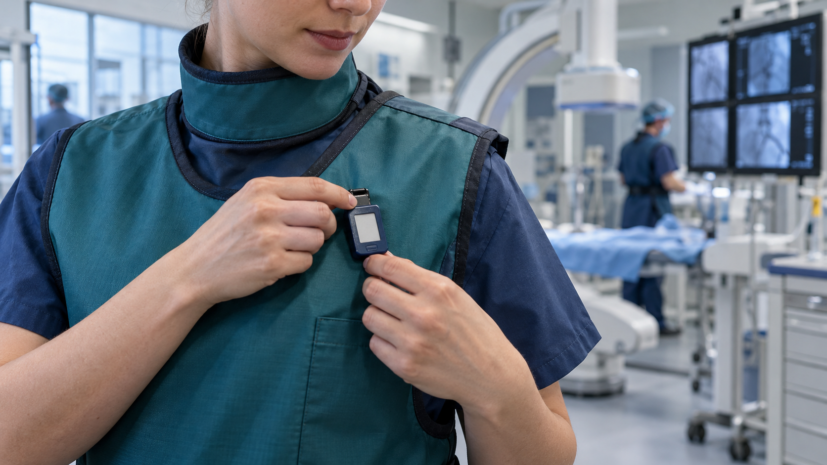 Fachperson befestigt ein Personendosimeter an der Schutzkleidung.