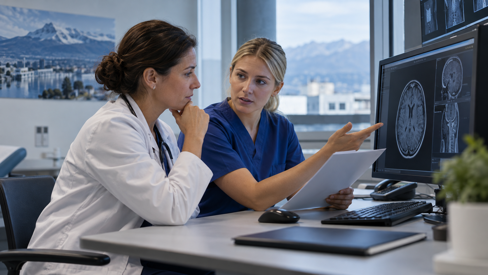 Ärztin und Radiologiefachperson besprechen gemeinsam einen Untersuchungsauftrag.