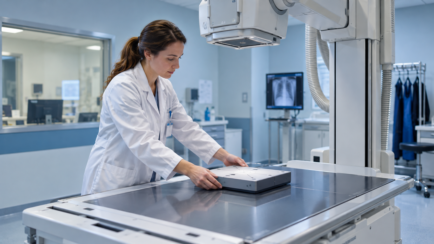 Medizinphysikerin positioniert einen Prüfkörper auf dem Röntgentisch.