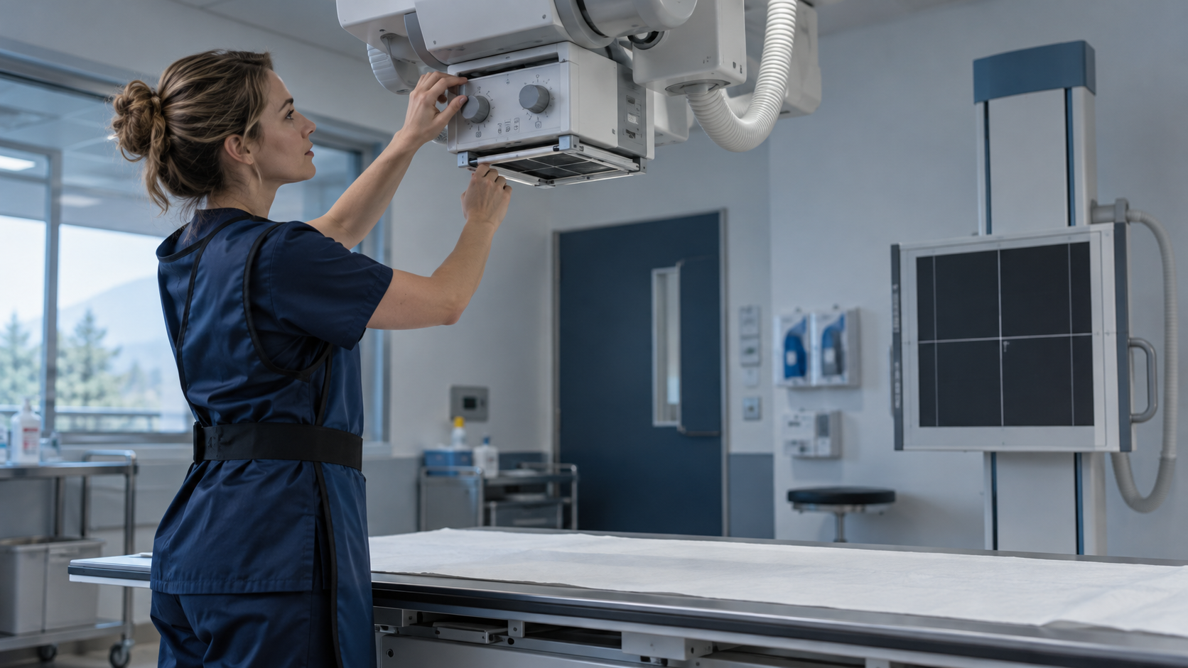 Radiologiefachperson stellt die Kollimation an einer Röntgenanlage ein.