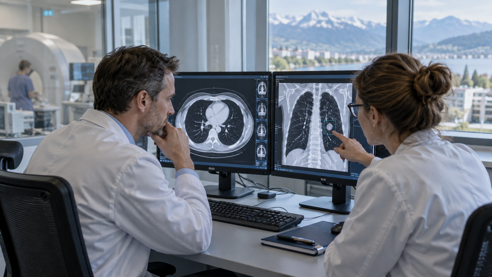 Radiologe und Medizinphysikerin prüfen gemeinsam eine KI-Markierung am Befundmonitor.