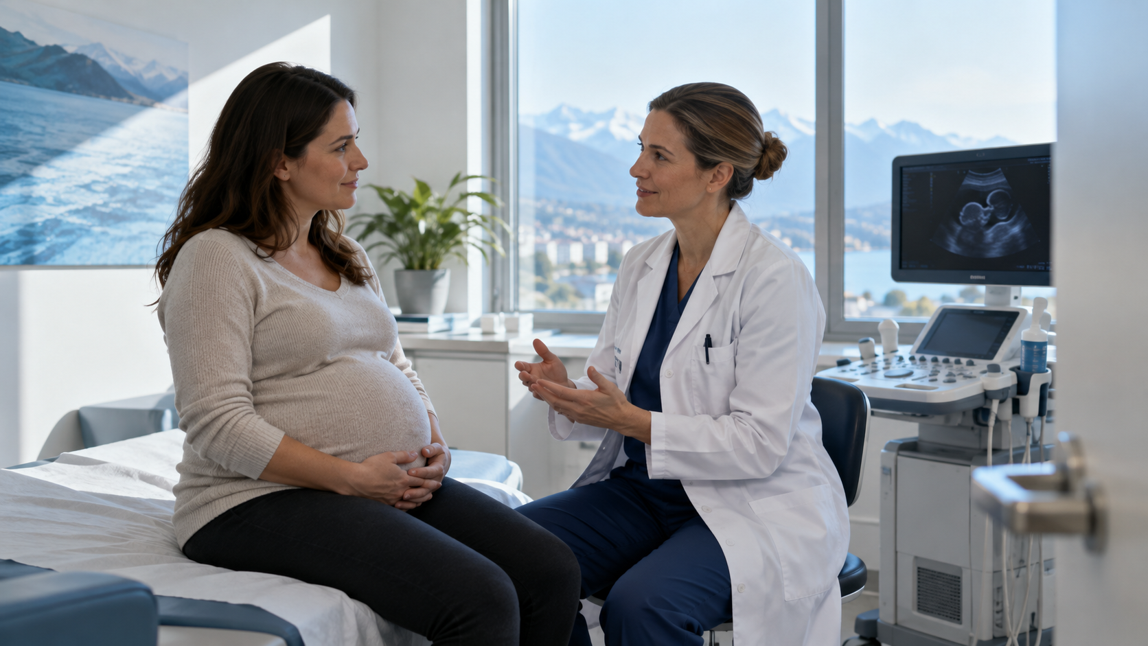 Ärztin und schwangere Patientin im Beratungsgespräch zur medizinischen Bildgebung.