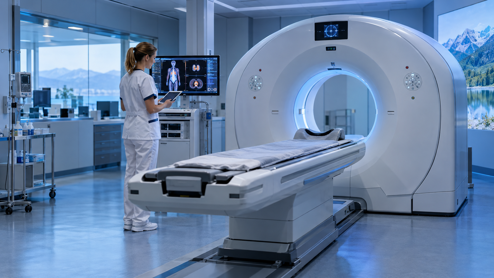 Radiologiefachperson bereitet einen modernen PET/CT-Untersuchungsraum vor.